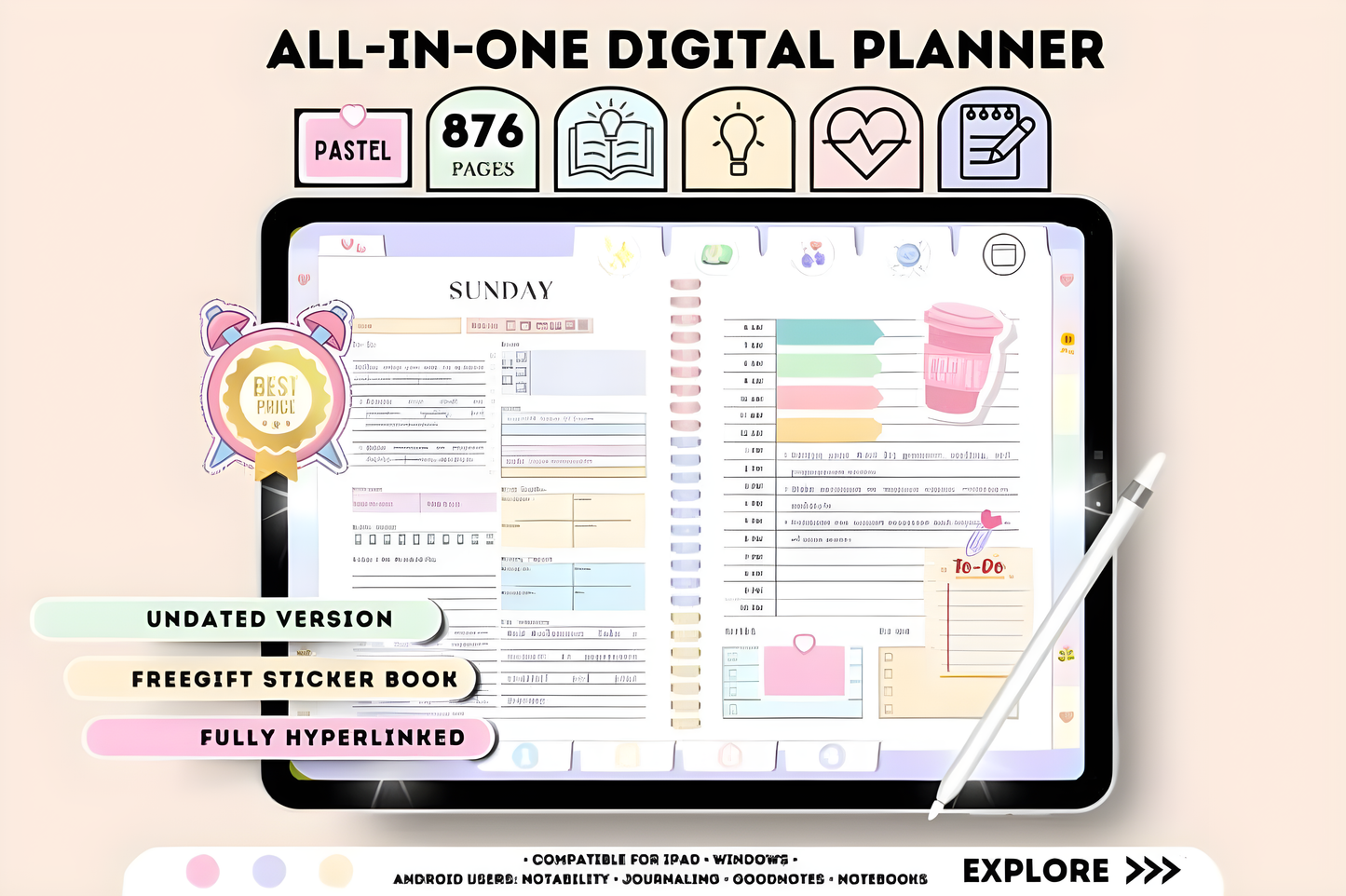 All-In-One Undated Digital Planner - Instant Download. Goodnotes, ipad, Notability, XODO, Noteshelf Planner Daily Planner Weekly Planner Digital Journal