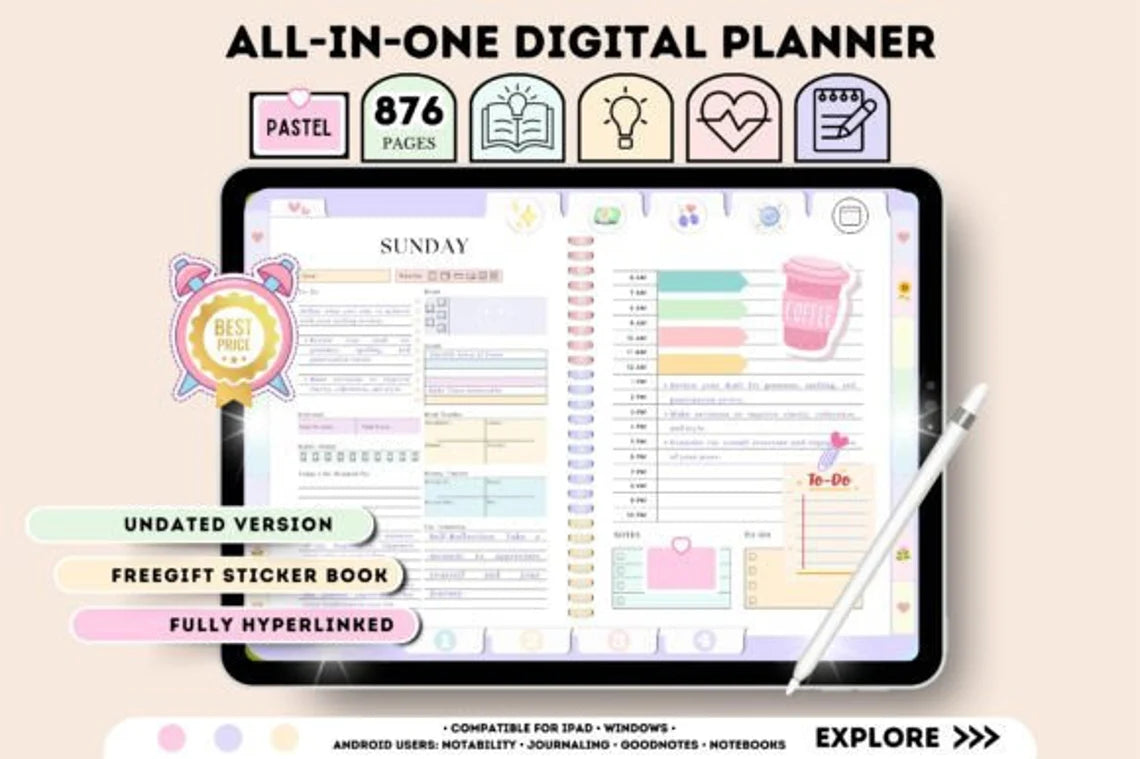 All-In-One Undated Digital Planner - Instant Download. Goodnotes, ipad, Notability, XODO, Noteshelf Planner Daily Planner Weekly Planner Digital Journal