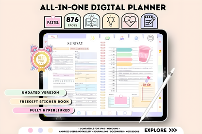 All-In-One Undated Digital Planner - Instant Download.  Goodnotes, ipad, Notability, XODO, Noteshelf Planner Daily Planner Weekly Planner Digital Journal