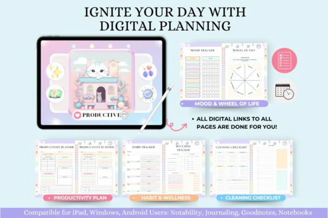 All-In-One Undated Digital Planner - Instant Download.  Goodnotes, ipad, Notability, XODO, Noteshelf Planner Daily Planner Weekly Planner Digital Journal